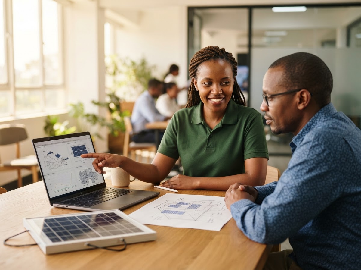 Solar engineer reviewing a system design with a client
