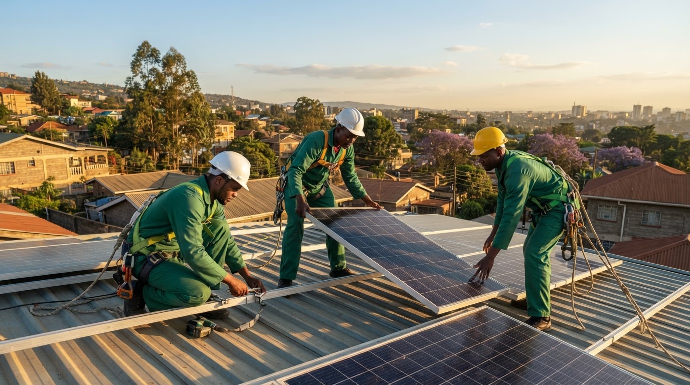 Synowatt technicians installing rooftop solar panels at golden hour
