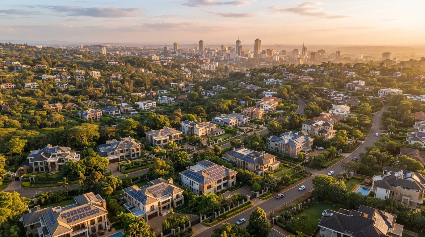Aerial view of Nairobi homes with rooftop solar panels