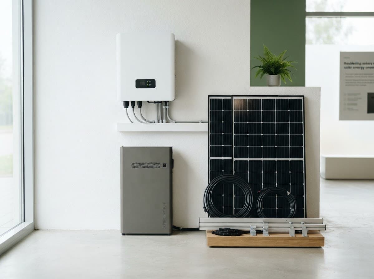 Hybrid inverter, lithium battery and solar panels in a showroom