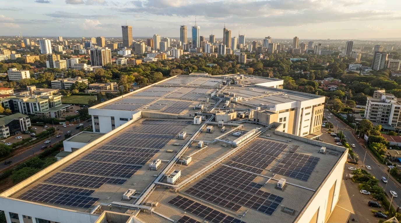 Commercial rooftop covered with rows of solar panels