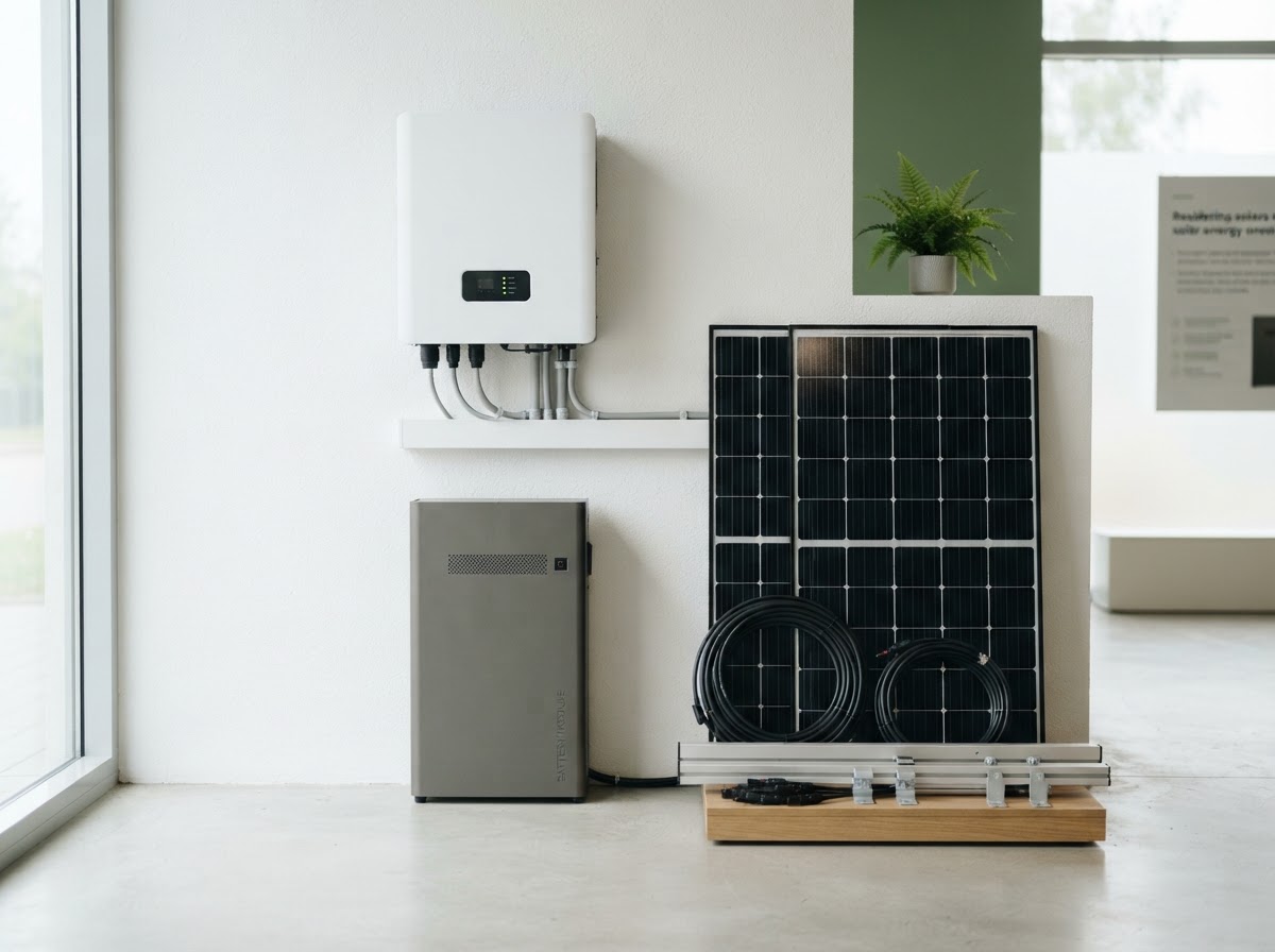 Hybrid inverter, lithium battery cabinet and solar panels in a showroom