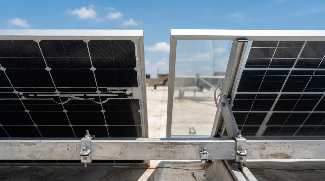 Monocrystalline and bifacial solar panels mounted side by side on a rooftop rail