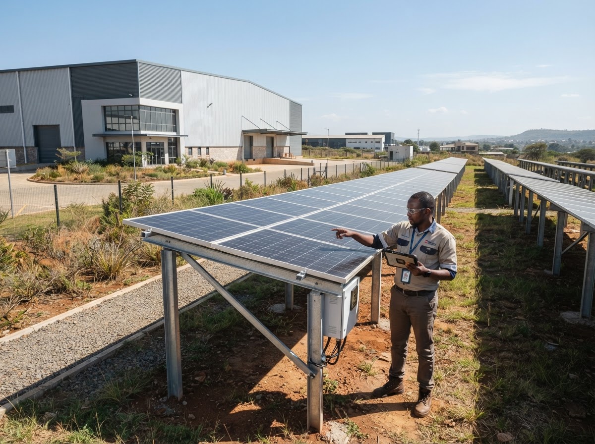 Technician inspecting a ground-mounted solar array with a tablet