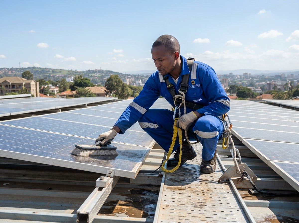 Technician inspecting and cleaning rooftop solar panels
