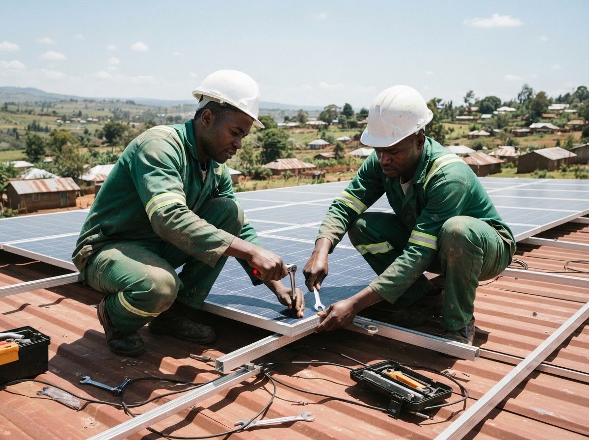 Synowatt technicians installing solar panels on a roof